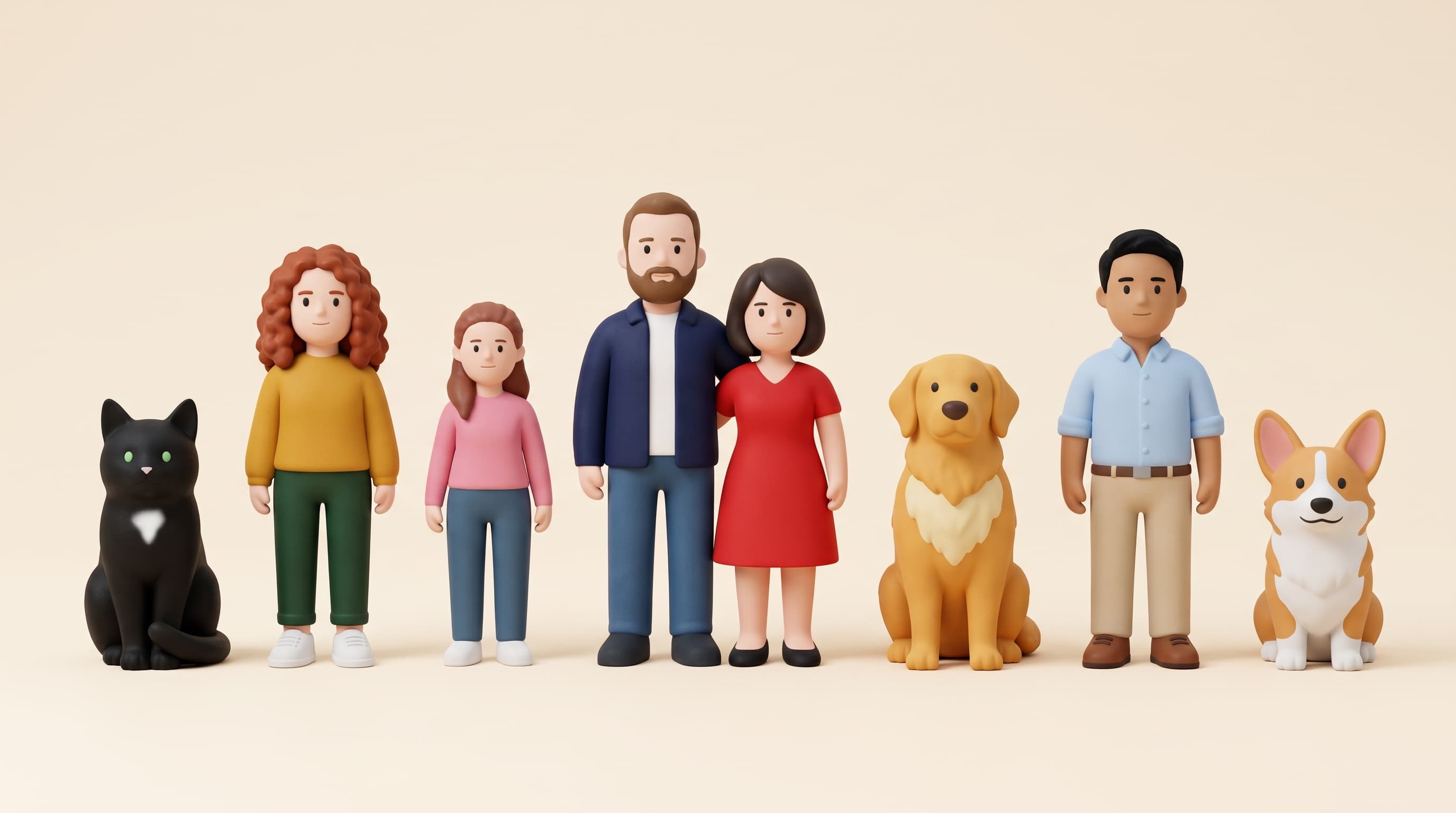 Seven keepsie figurines in a row: a black cat, a woman, a girl, a couple, a golden retriever, a man and a corgi